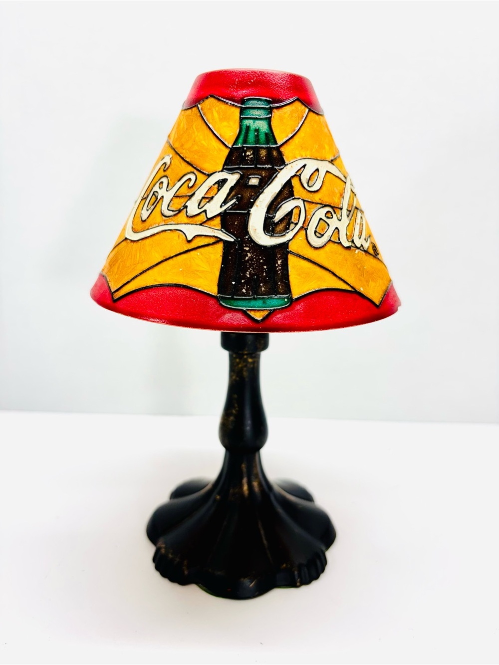 Coca-Cola 8” Mini Lamp Candle Holder With A Stained Glass Style Shade Vintage